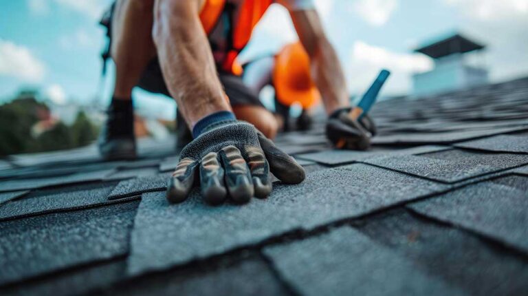A worker inspects metal flashing and a rubber vent boot around a shingled roof opening.